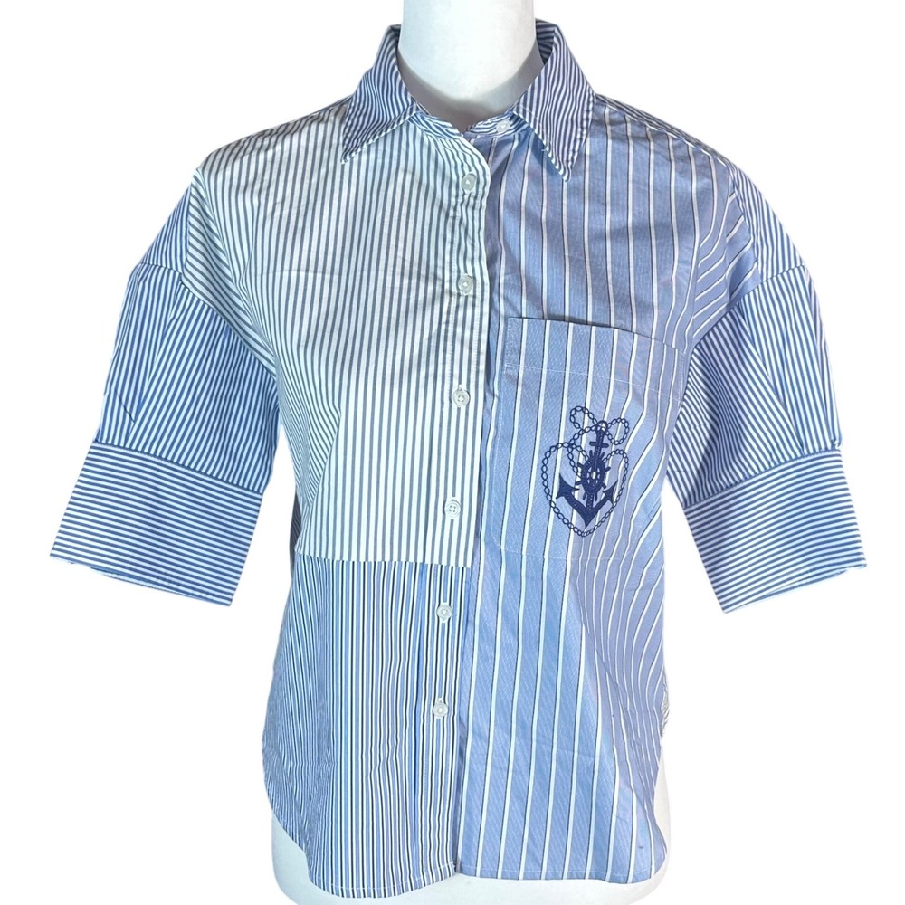 Maeve Mabel Boxy Oxford Shirt NWOT Women‎ XXS Blue Sailor Stripe Mixed Oversized
